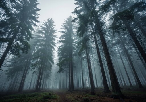 Low angle view of towering coniferous trees immersed in dense mystical fog