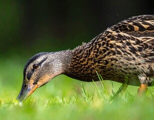 A close-up portrait of a duck with brown and green plumage