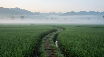 Fototapeta premium Whispers of the Morning Mist: A Path Through the Green Fields