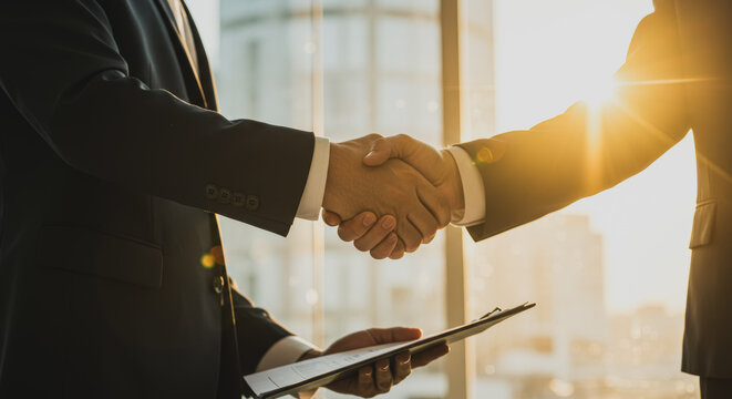 A formal handshake seals a business deal in a sunlit office, symbolizing agreement, trust, and partnership between professionals. - Powered by Adobe