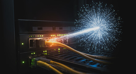 Digital cables illuminate a server room, symbolizing the dynamic flow of information and technological advancements in a cutting-edge setting.