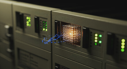 An illuminated data cube pulsates within a high-tech server unit, symbolizing the power of big data and technological advancement.