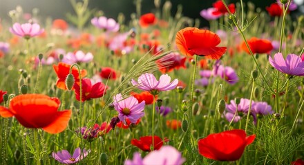 Obraz premium Vibrant Summer Garden of Red and Pink Wildflowers in Bloom
