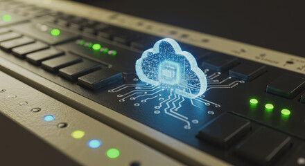A futuristic cloud computing, seamlessly integrates with a complex circuit board, symbolizing data storage and digital connection. Illuminating the essence of technology.