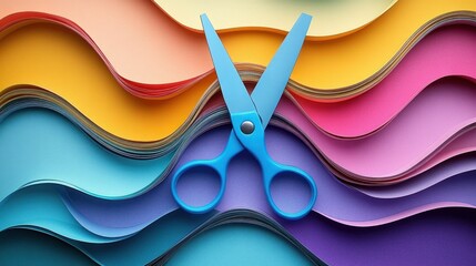 A pair of blue scissors placed on top of colorful wavy layered sheets of paper creating a visually dynamic and vibrant arrangement