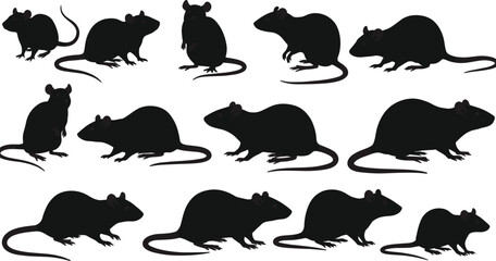 Rat and mouse silhouettes collection, rodent animal outline set isolated on white background, wildlife vector design, pest control illustration