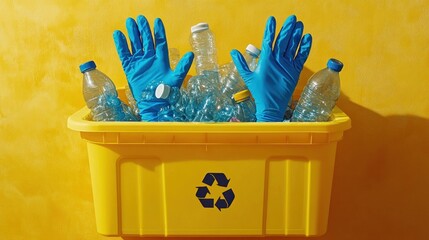 Yellow recycling bin filled with empty plastic bottles and blue rubber gloves against yellow background symbolizing waste management and environmental care