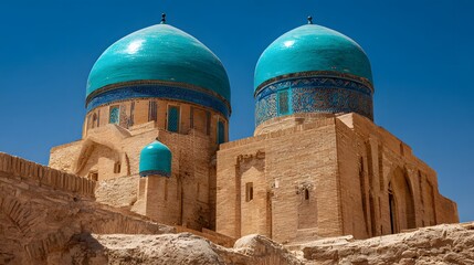 Two prominent turquoise domes crown ancient ochre brick mausoleums under a clear blue sky