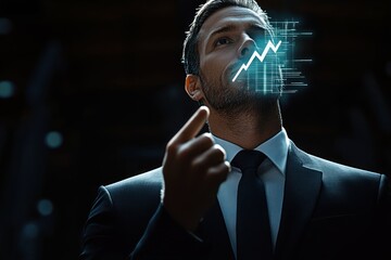 Confident businessman in suit with digital upward trend graph hologram projected in front of his face symbolizing growth and success