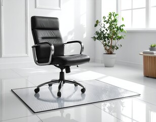 Modern black office chair on a clear mat in a bright room with a plant and stylish decor