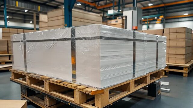 Pallet of wrapped white panels in a warehouse, ready for shipping or storage.