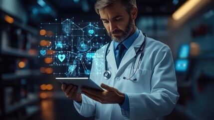 Focused male doctor in white coat with stethoscope using tablet with futuristic medical icons floating in dark modern environment