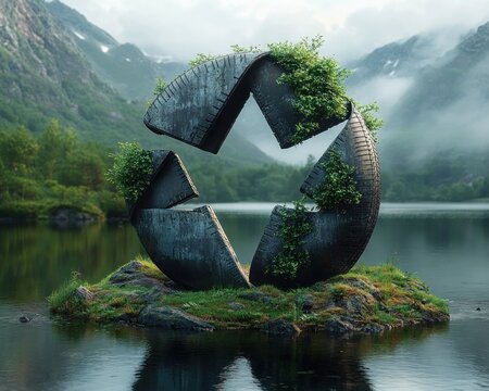 Large broken metal recycling symbol with greenery growing on it sits on a mossy rock island surrounded by calm water with misty mountains and forest in the background, evoking environmental reflection