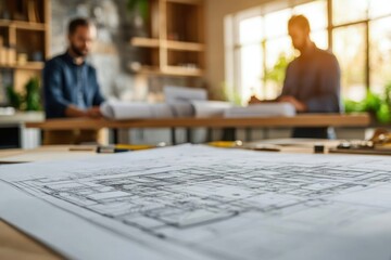 Close-up of architectural blueprints on desk with two blurred professionals discussing plans in modern office with natural light