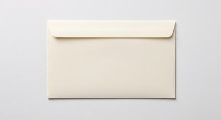 Top view of a blank cream-colored paper envelope sealed and isolated on a neutral light grey background, a mockup for correspondence and mail