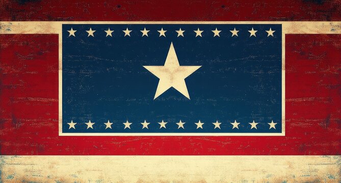 Vintage style flag with a large central white star surrounded by smaller stars on a blue rectangular background with red and beige horizontal stripes