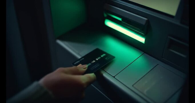 Close-up shot of a hand inserting a credit card into an illuminated slot