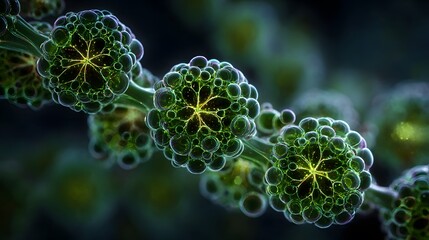 Green bioluminescent microorganisms in a dark, abstract underwater environment.