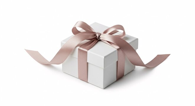 Elegant white present box tied with a rose gold silk ribbon bow, symbolizing a special gift for a birthday, anniversary, or holiday
