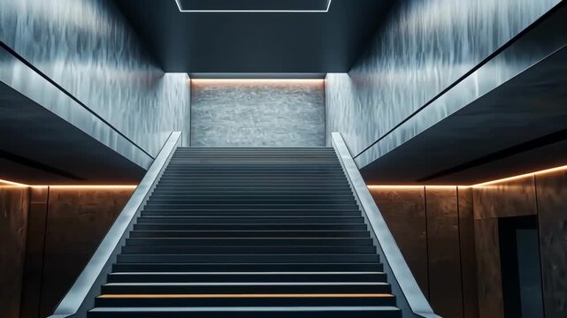 Modern staircase in a minimalist building with ambient lighting and seating area.
