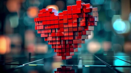 Pixelated red heart floating above a reflective surface with bokeh background. - Powered by Adobe