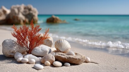 Close up macro photo of seashells and coral fragments on a sandy beach with turquoise ocean waves gently washing ashore under bright daylight