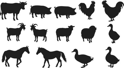 Farm animal silhouettes vector bundle with cow, pig, chicken, goat, sheep, duck, and horse for SVG craft design