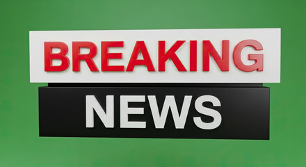 Fototapeta premium 3D Render of Bold Red and White BREAKING NEWS Sign on Green Screen Background