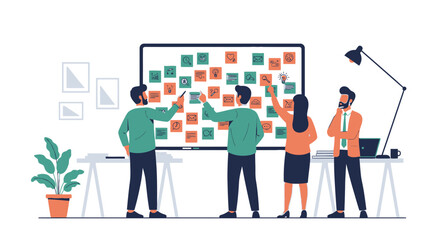 Team members collaborate, brainstorming ideas, and organizing sticky notes on a large whiteboard.