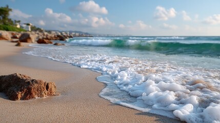 Fototapeta premium Close Up Of Sandy Tropical Beach With Gentle Waves Rolling Onto Shore Under A Bright Blue Sky With Scattered Clouds On A Sunny Day