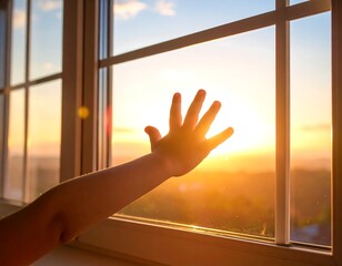 A child's hand reaching towards sunlight through a window