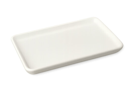 White rectangular ceramic serving dish on transparent background