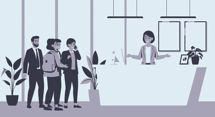 People are standing in line at a reception desk, where a receptionist is assisting them.