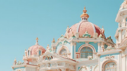 Obraz premium Ornate architectural facade featuring pastel colored domes against a clear blue sky