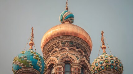 Ornate religious architecture features three distinct, brightly colored, and detailed onion domes against a pale sky