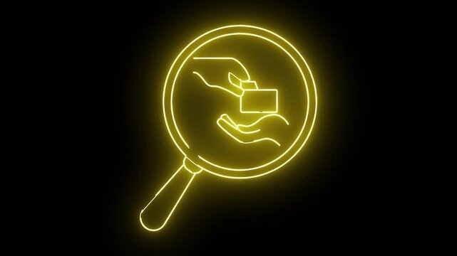 A glowing neon yellow sketch of a magnifying glass over two hands exchanging a rectangular object against a black background