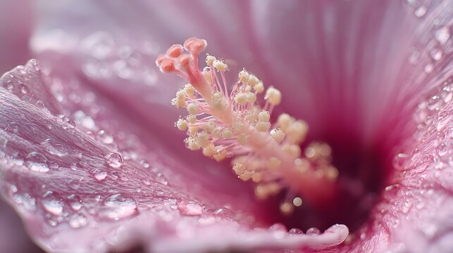Extreme closeup reveals delicate stamen and pink petals adorned with morning dew