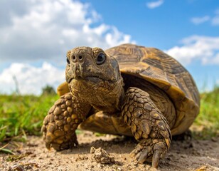 Obraz premium A close-up portrait of a tortoise with detailed skin and shell