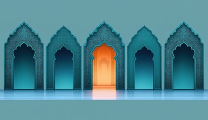 Row of five intricately decorated archways with one central archway glowing warmly, reflecting on a smooth surface beneath, evoking mystery and invitation