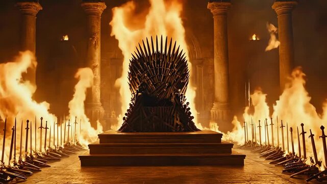 Iron Throne surrounded by fire and swords in a grand hall. Dramatic scene.