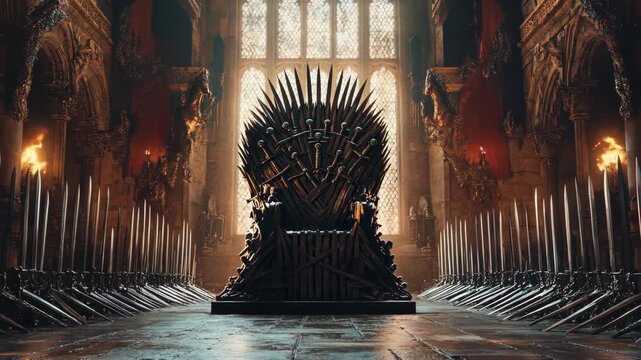The Iron Throne, a majestic seat of power forged from swords in a grand hall.