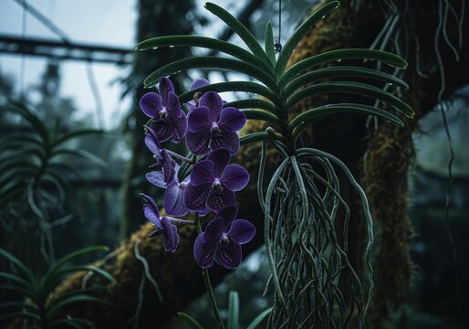 Deep purple vanda orchids hanging with aerial roots in a moody tropical jungle.