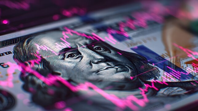 Close up view captures a financial graph overlaid upon portraiture on paper currency