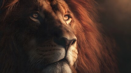 Majestic male lion portrait illuminated by dramatic, warm side lighting