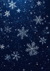 Glittering snowflakes of various sizes falling softly against a deep blue night sky, creating a serene and magical winter atmosphere