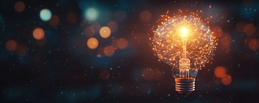 Glowing light bulb composed of interconnected orange nodes and lines with bright filament on a dark blurred background symbolizing innovation and ideas - Powered by Adobe
