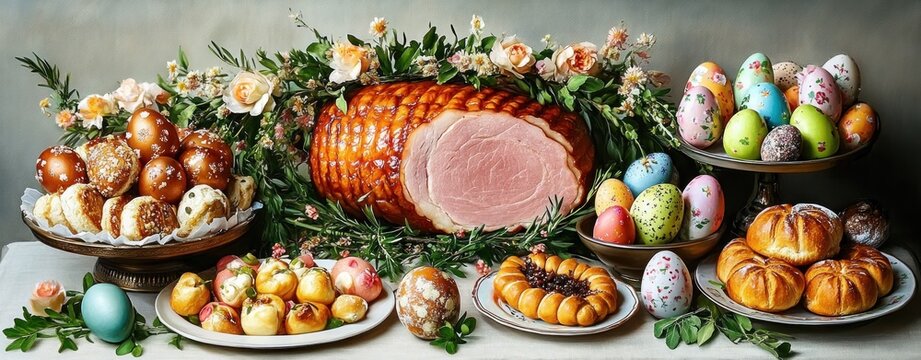 Festive table setting featuring a glazed sliced ham centerpiece surrounded by decorated Easter eggs and an assortment of pastries and breads adorned with fresh flowers and greenery