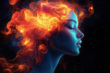 Profile of a serene woman with glowing blue skin and vibrant fiery hair flowing like flames against a cosmic dark background