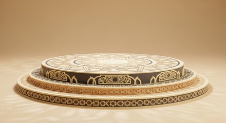 Elegant three-tiered round display platform with intricate gold and black patterns