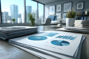 Data analysis information on a laptop screen and notebooks on a desk. business charts and statistical data. Professional analyzing financial data graphs, charts on laptop display at a modern workspace